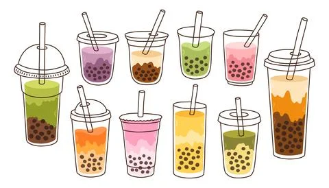 Bubble Milk Tea set. Milk tea with tapioca pearls. Boba tea. Asian Taiwanese Stock Illustration