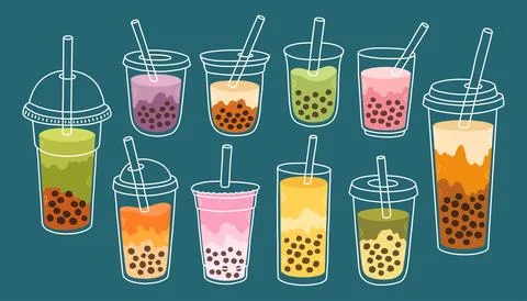 Bubble Milk Tea set. Milk tea with tapioca pearls. Boba tea. Asian Taiwanese Stock Illustration