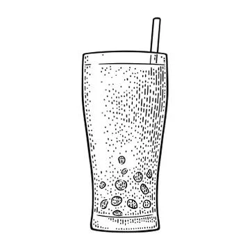 Bubble milk tea with tapioca pearl ball in glass. Vector vintage engraving イラスト素材