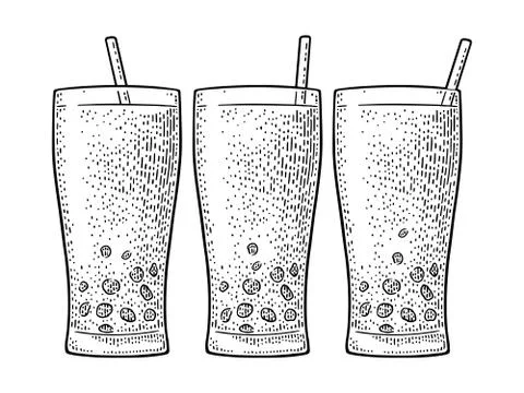 Bubble milk tea with tapioca pearl ball in glass. Vector vintage engraving Illustrazione stock