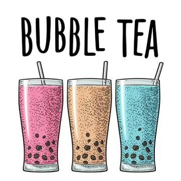 Bubble milk tea with tapioca pearl ball in glass. Vector vintage engraving Illustrazione stock