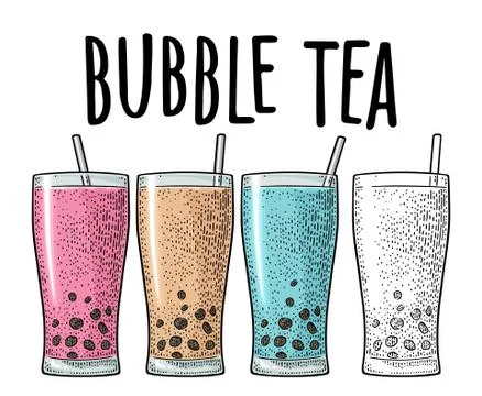 Bubble milk tea with tapioca pearl ball in glass. Vector vintage engraving イラスト素材