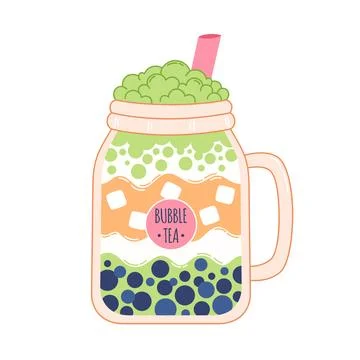 Bubble Milk Tea with tapioca pearls. Boba tea. Cold Asian Taiwanese drink. Stock Illustration