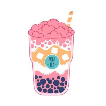 Bubble Milk Tea with tapioca pearls. Boba tea. Cold Asian Taiwanese drink. Stock Illustration