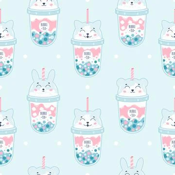 Bubble Milk Tea with tapioca pearls seamless pattern. Boba tea. Stock Illustration