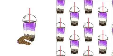 Bubble milk tea with taro. Boba tea cold drink vector art. Flat cartoon Illustrazione stock