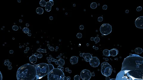 Bubble moves backwards, 3d water splash transparent isolated on black backg.. Stock Footage 243245460
