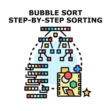 Bubble sort algorithm step by step data sorting process Stock Illustration