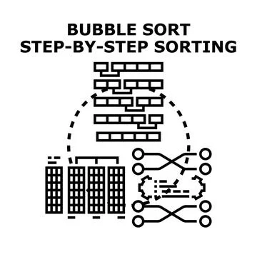 Bubble sort algorithm step by step sorting data processing Stock Illustration