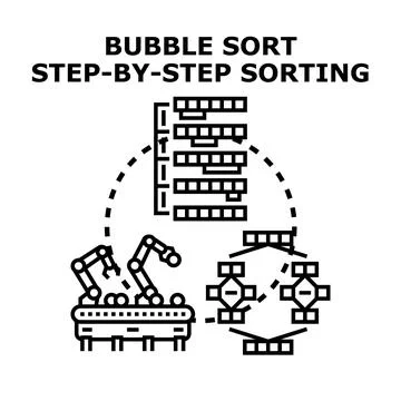 Bubble sort algorithm step by step sorting data processing Stock Illustration