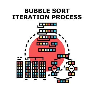 Bubble sort iteration process algorithm concept Stock Illustration