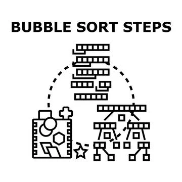 Bubble sort steps algorithm processing data visualization Stock Illustration