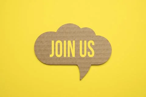 Bubble speech with phrase Join us in the paper or cardboard. Foto stock