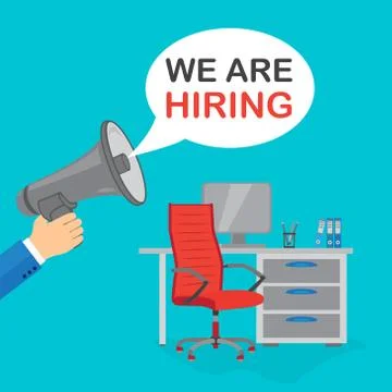 Bubble speech with text We are hiring. Red office chair with sign vacant on t Stock Illustration