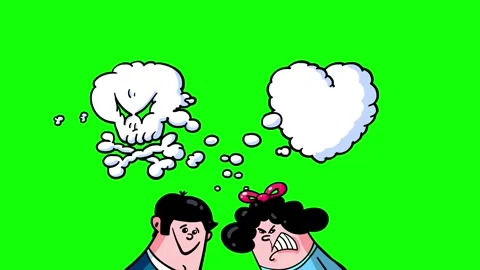 Bubble speeches skull and heart shape cartoon characters greenbox Stock Footage 331287162