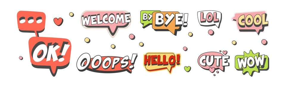 Bubble Talk Phrases Clouds for Online Chat with Different Words Vector Set Stock Illustration
