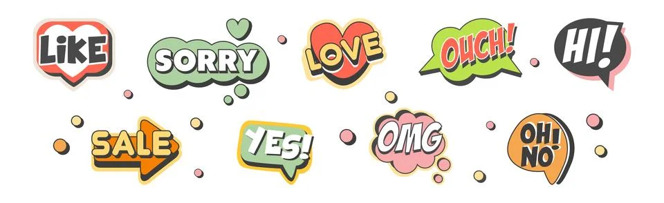 Bubble Talk Phrases Clouds for Online Chat with Different Words Vector Set Stock Illustration