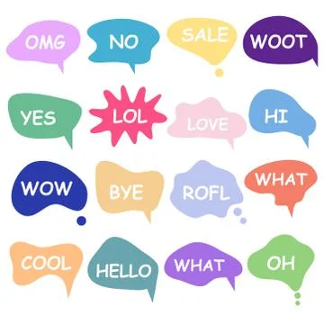 Bubble talk phrases. Online chat clouds with different words comments informa 스톡 일러스트
