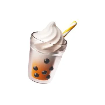Bubble tea. 3D glass with tapioca balls, whipped cream and straw. イラスト素材