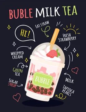Bubble tea and coffee. Typography menu banner with slogans. Ice milk drink. Cup 스톡 일러스트