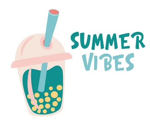 Bubble tea and Summer Vibes lettering composition. Cold milk pearl drink in g Stock Illustration