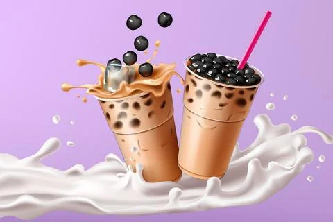 Bubble tea. Boba pearls and milk in motion, tapioca asian delicious drink Stock Illustration