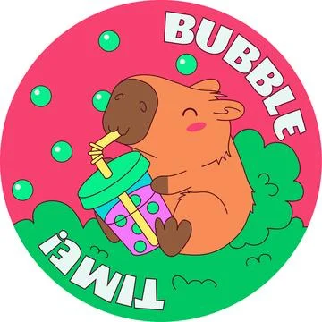 Bubble tea capybara drinking boba cute vector illustration round sticker pink Stock Illustration