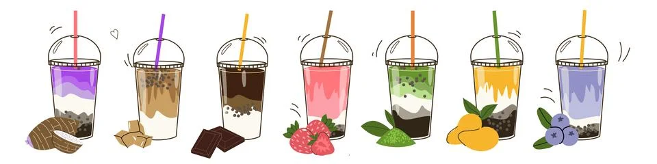 Bubble tea doodle vector illustration set. Boba tea set in glass. Illustrazione stock