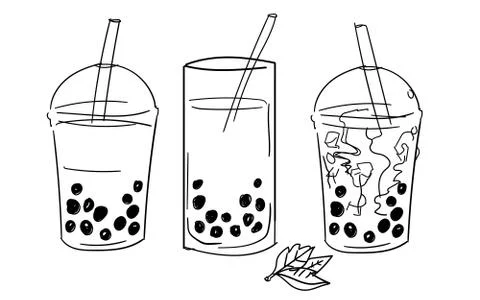 Bubble tea drink in plastic cup straw sketches hand drawing isolated white Иллюстрация