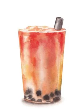 Bubble tea drink with tapioca pearls, watercolor illustration isolated on whi Stock Illustration