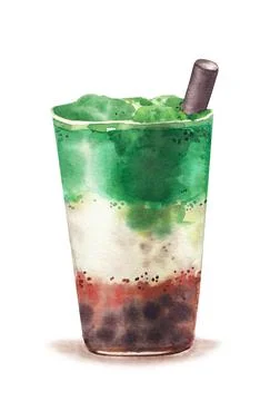 Bubble tea drink with tapioca pearls, watercolor illustration isolated on whi Stock Illustration