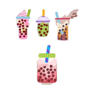 Bubble tea drinks collecting in cups variety Stock Illustration