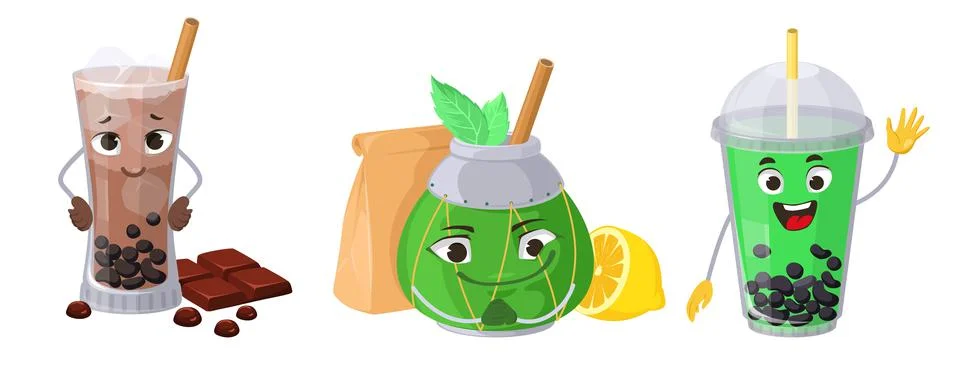 Bubble tea emoticon vector mate face set Stock Illustration