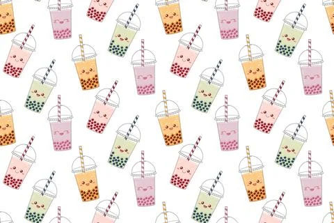 Bubble tea funny seamless pattern. Cute kawaii smiled drinks characters. Ve.. Stock Illustration