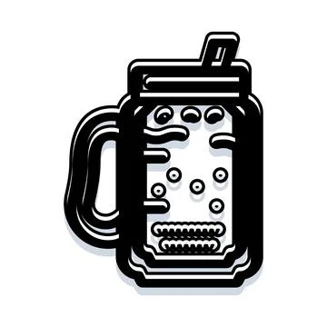 Bubble tea in glass jar with straw line art Illustration