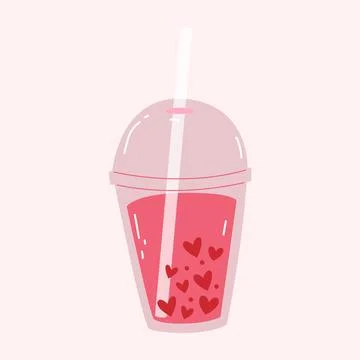 Bubble tea with heart shaped tapioca. Saint Valentines day cute illustration Stock Illustration