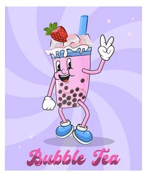 Bubble tea with ice and strawberry cartoon mascot illustration character, pea Stock Illustration