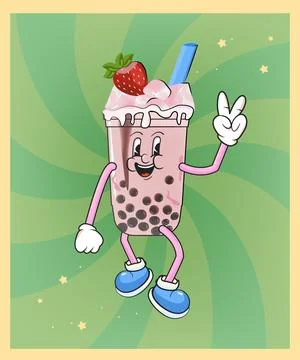 Bubble tea with ice and strawberry cartoon mascot illustration character, p.. Stock Illustration
