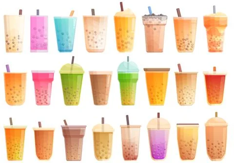 Bubble tea icons set cartoon vector. Asian balls Illustrazione stock