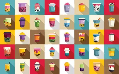 Bubble tea icons set flat vector. Asian balls cups Stock Illustration