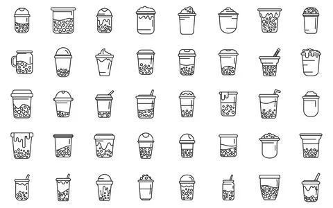 Bubble tea icons set outline vector. Asian balls cups Stock Illustration
