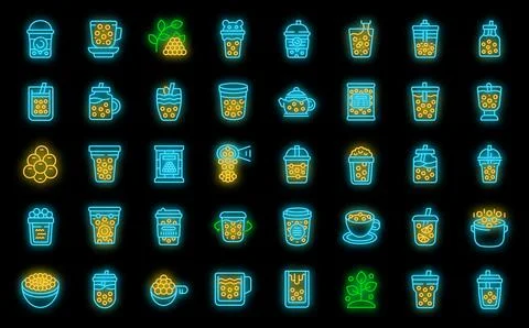 Bubble tea icons set vector neon Stock Illustration
