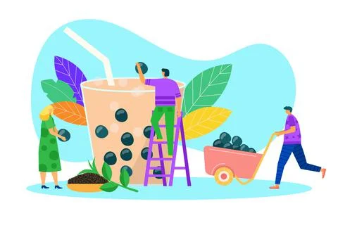 Bubble tea juice, vector illustration. Tiny man woman people character make Stock Illustration