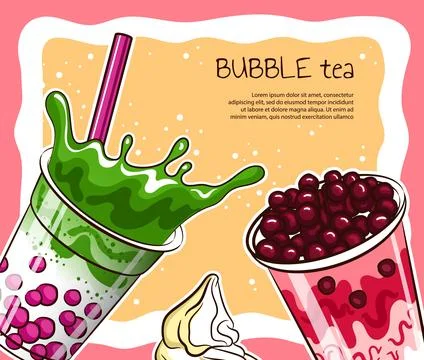 Bubble tea milk banner. Cold cocktail or smoothie with fruit and tapioca balls Stock Illustration