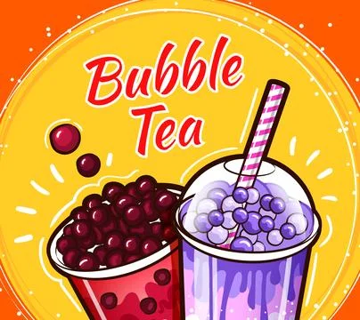 Bubble tea milk shake. Sweet smoothie logo, cocktail in cup, fruit and juice Stock Illustration
