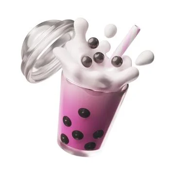 Bubble tea with open lid and splashes, tapioca pearls and straw, 3D style vector Illustrazione stock