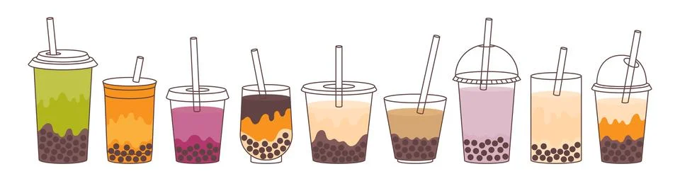 Bubble Tea or Coffee Drinks set. Delicious drinks in plastic cups with stra.. Illustrazione stock