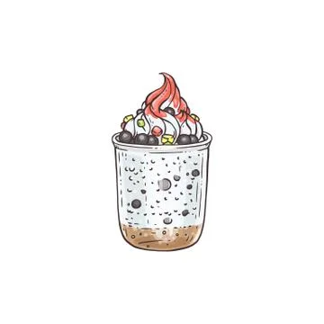 Bubble tea or milkshake with whipped cream sketch vector illustration isolated. Stock Illustration