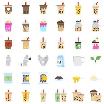Bubble tea or Pearl milk tea flat icon set Stock Illustration