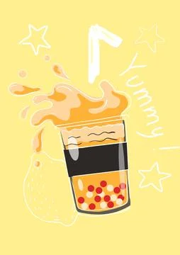 Bubble tea. Orange or peach fruit cold drink with tapioca balls. Asian summer Stock Illustration